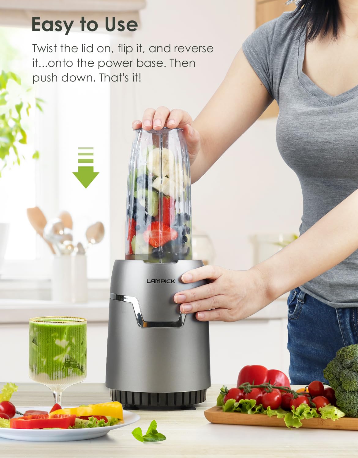 Batidora de batidos, licuadora personal de 1100 W para batidos y batidos, licuadoras y molinillo combinado para cocina con 2 tazas para llevar de 22 onzas y tapa para batido de proteínas, 4