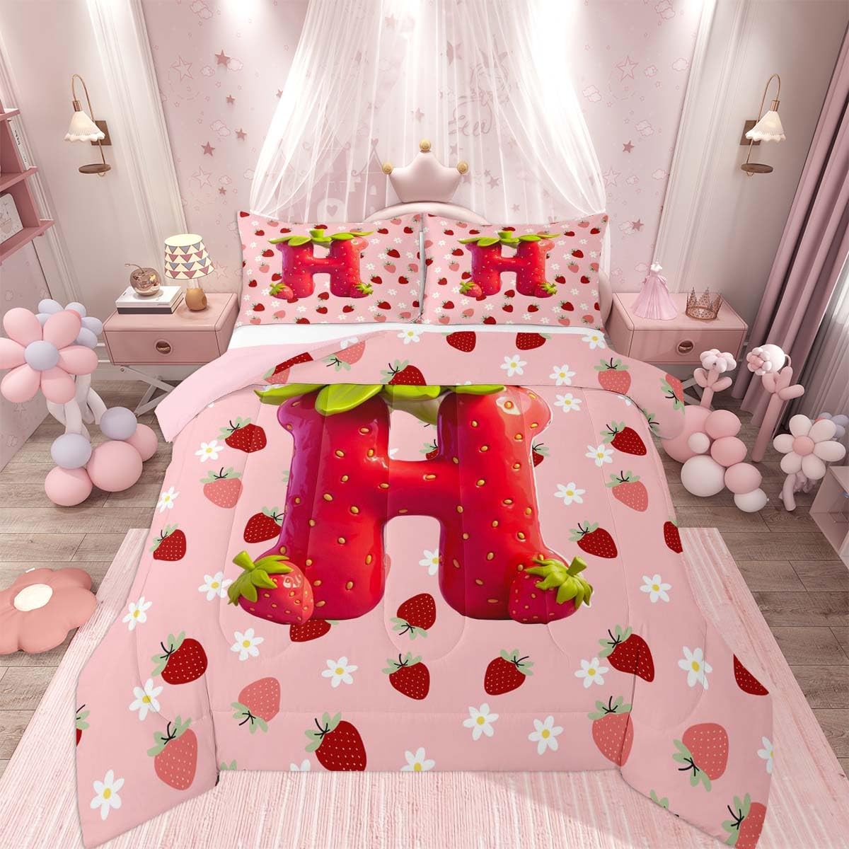 Feelyou Girls Strawberry Bedding Set Soft for Boys Girls, Pink Strawberry Comforter Set Queen Size Initial Letter H Duvet Quilt Microfiber Bedroom Decor 3 Pcs with 2 Pillow Cases