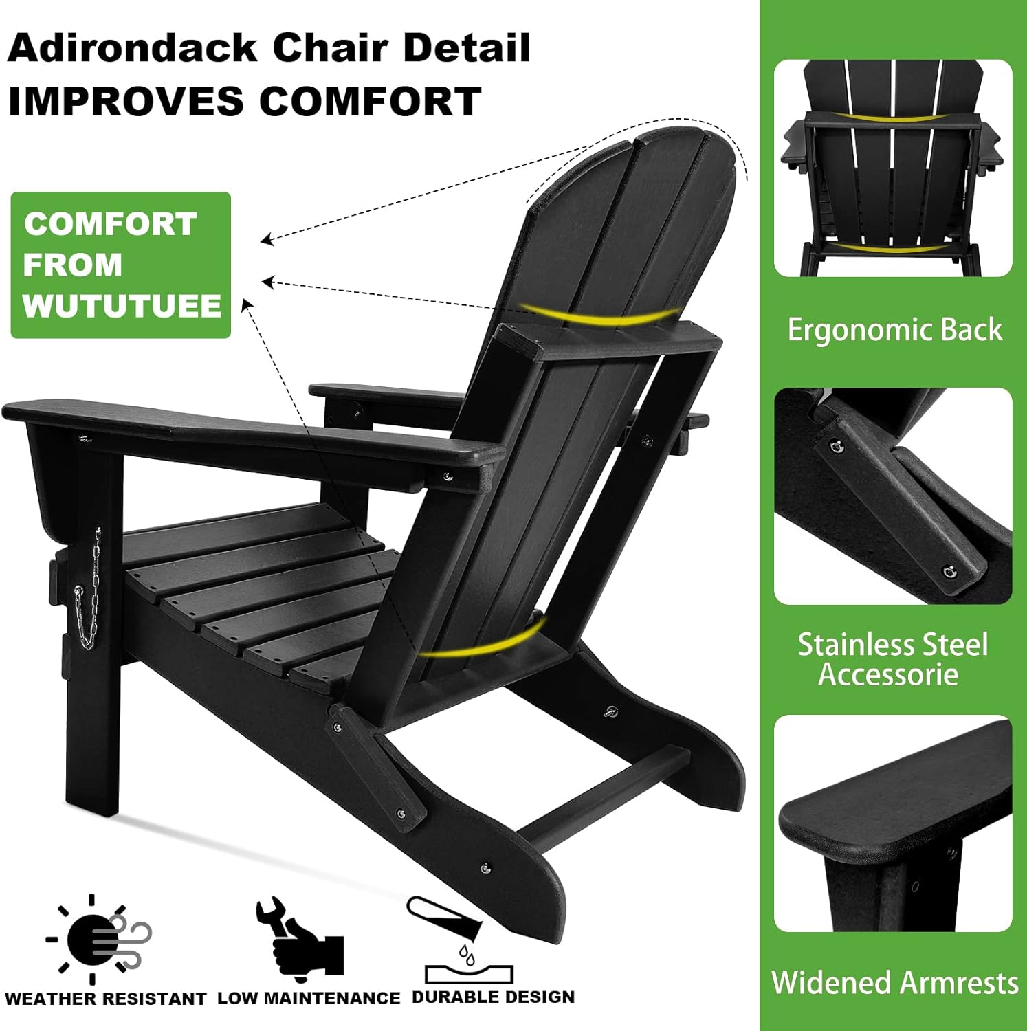WUTUTUEE Adirondack Chair Weather Resistant Folding Adirondack Outdoor Patio Chair Adirondack Fire Pit Plastic Chair for Outside, Deck, Garden, Campfire, Composite (Black) : Patio, Lawn & Garden