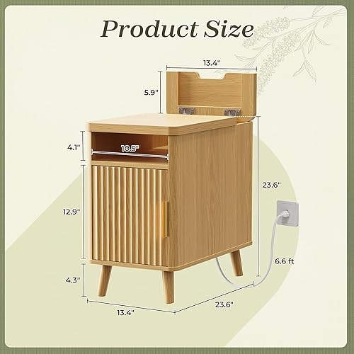 Miniatura 3 de Huuger Mesa auxiliar estrecha con estación de carga, puerto USB-C, mesita de noche acanalada con gabinete de almacenamiento, estante trasero, mesa