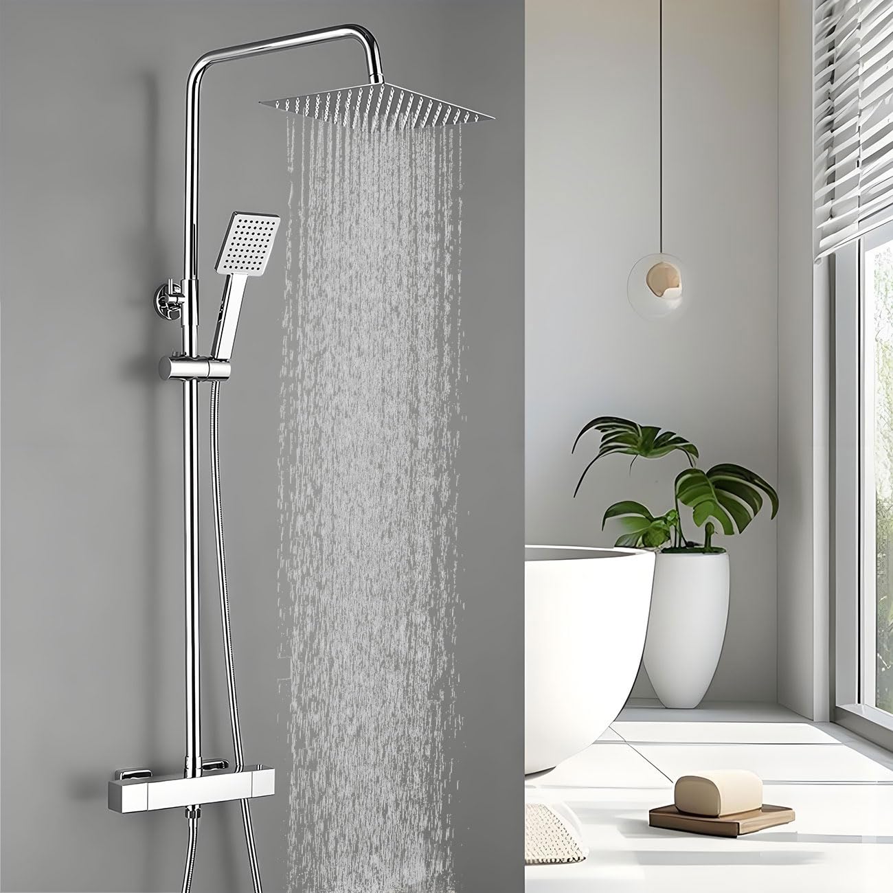 Columna Ducha Termostática 38 ℃, Sistema de Ducha Barra | Altura Ajustable 845-1180 mm, Ducha de Lluvia Cuadrada con Grifo, Acero Inoxidable 304, Fácil Instalación