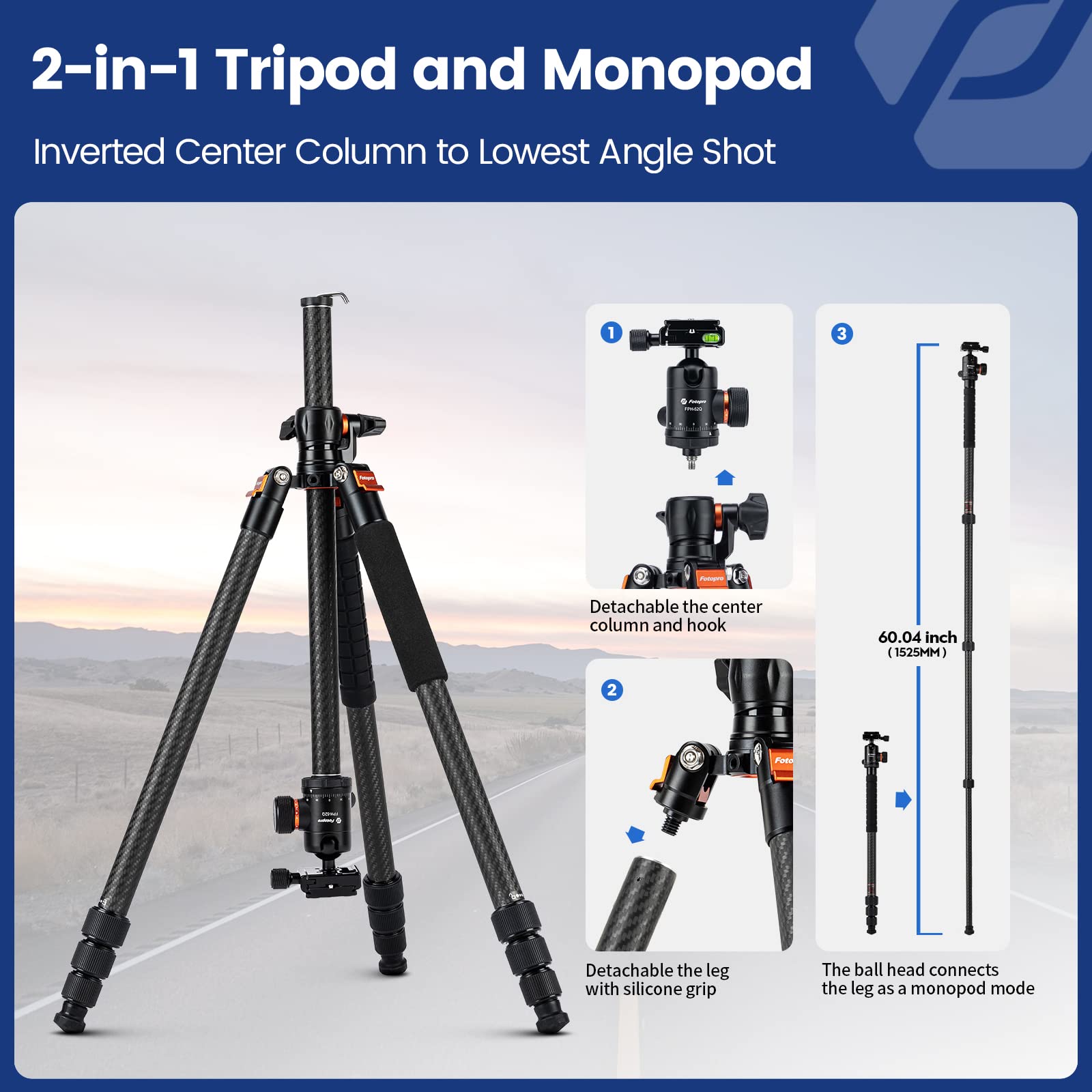 Fotopro Trépied Horizontal en Fibre de Carbone de 184 cm avec tête sphérique à 360 degrés, Plaque de dégagement Rapide pour Appareil Photo Reflex numérique de Voyage, caméscope, caméscope