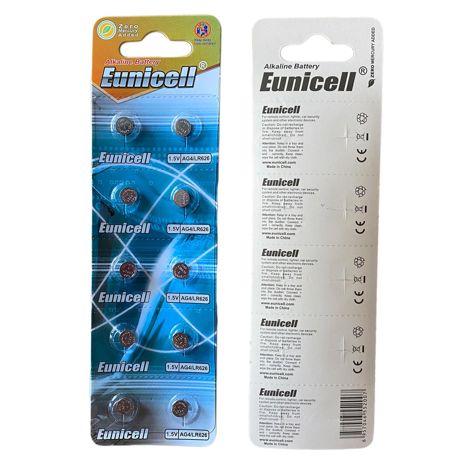 Pack of 10 - LR920/AG6 Eunicell 1.5V Button Coin Cell Alkaline Batteries - Suitable for use in LED lights, Digital Voice Recorders, Toys, Blood Glucose, Cholesterol Testing, Meters, Toys — view 10