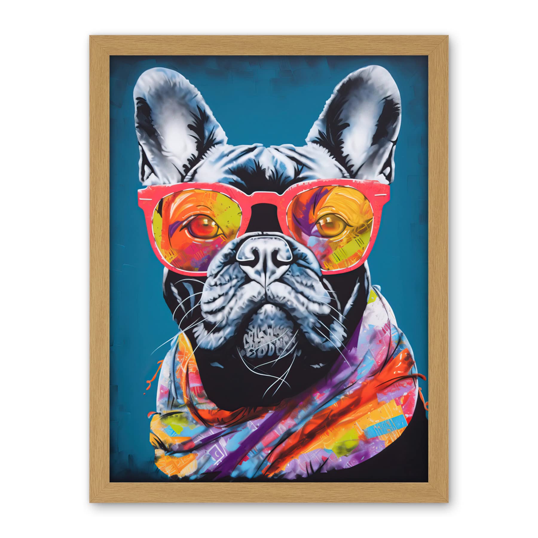Artery8 English Bulldog with Neon Bandana and Sunglasses Artwork Framed Wall Art Print 18X24 Inch