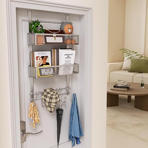 Miniatura 87 de HapiRm Gancho para puerta con 2 cestas de malla y 9 ganchos, acero inoxidable 304 sin perforaciones sobre el colgador de puerta, organizador