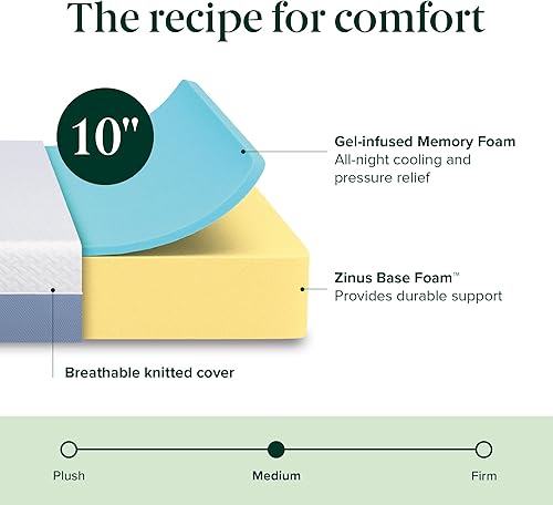 Miniatura 4 de Zinus Colchón de espuma viscoelástica esencial de enfriamiento King de 10 pulgadas NewVersion, sin fibra de vidrio, sensación media, capas de