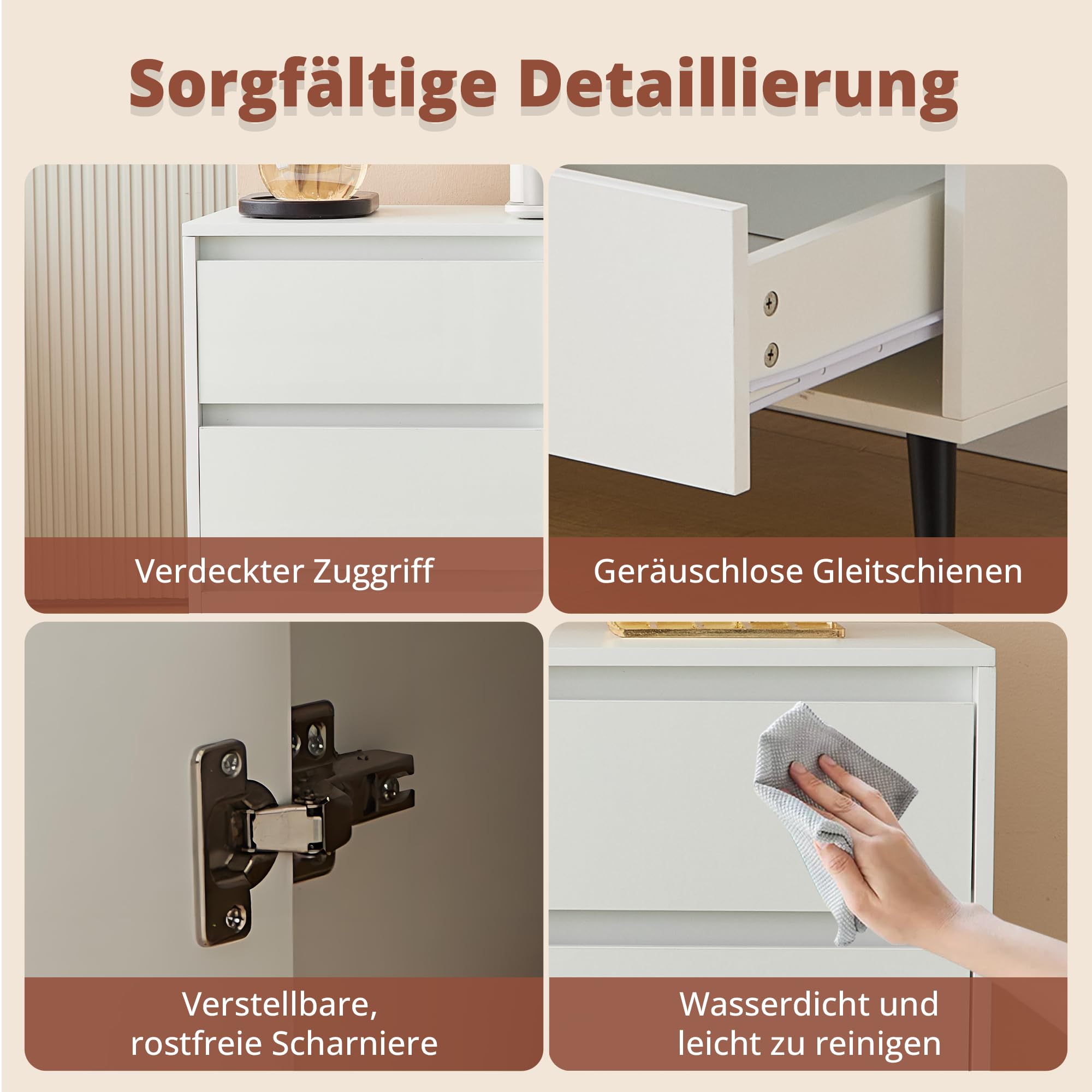 Moderna credenza bianca con illuminazione a LED, 6 cassetti silenziosi, porte push-open, finitura lucida, gambe in metallo nero opaco, 120 x 40 x 80 cm, ideale per cucina, sala da pranzo e soggiorno