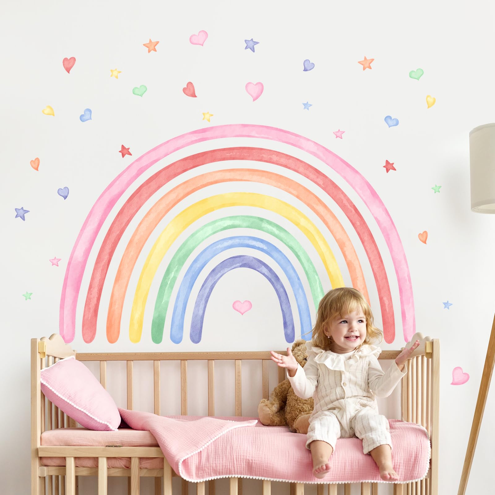 Supzone Wandtattoo Bunte Regenbogen 107x66cm, Wandaufkleber Aquarell Regenbogen Herzen Sterne Wandsticker Selbstklebende für Mädchen Kinderzimmer Babyzimmer Schlafzimmer Wanddeko
