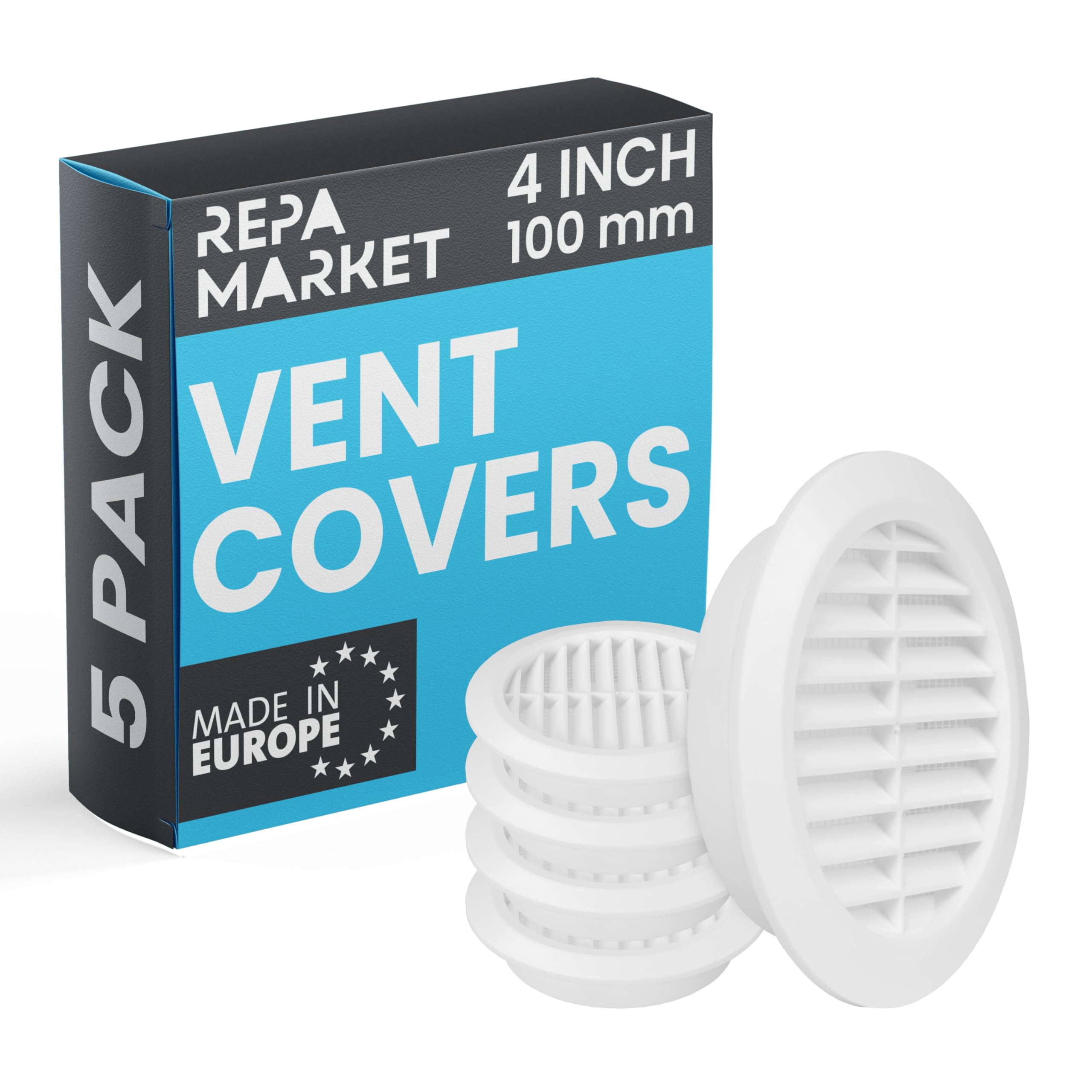 Repa Market 100mm Pack of 5 White Vent Cover with Mesh Screen - Plastic Soffit Ventilation Grill - Louvered Vent for Indoor, Outdoor Wall Ducting - HVAC Louvre Grille for Kitchen, Bathroom