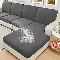 NAISI Waterproof Velvet Couch Cushion Covers for L-Shaped Sectional Sofa - 4-Piece (3 Seater + Chaise), Stretchy Washable Slipcovers, Grey