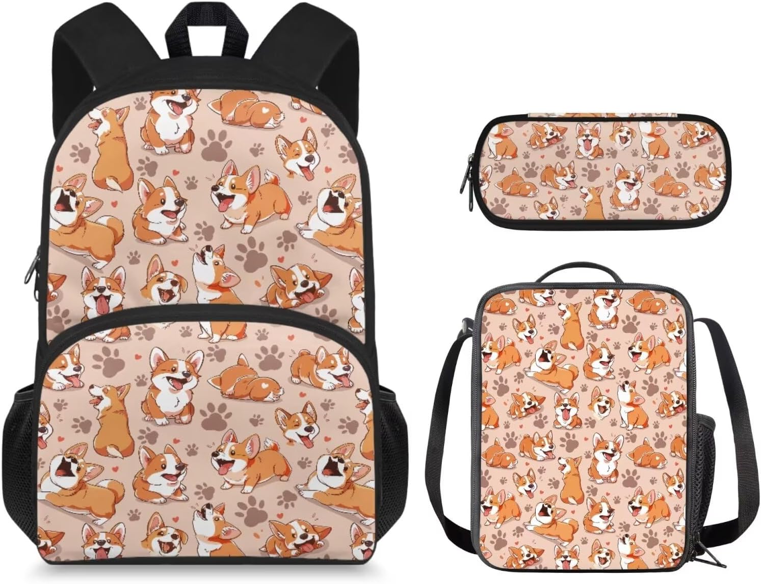 Kids Backpack Set with Water Bottle Pocket Funny Cat Backpack for Boys, Children Teens Backpacks for Middle School/Junior Kids/College Student Wide Opening Design Book Packs