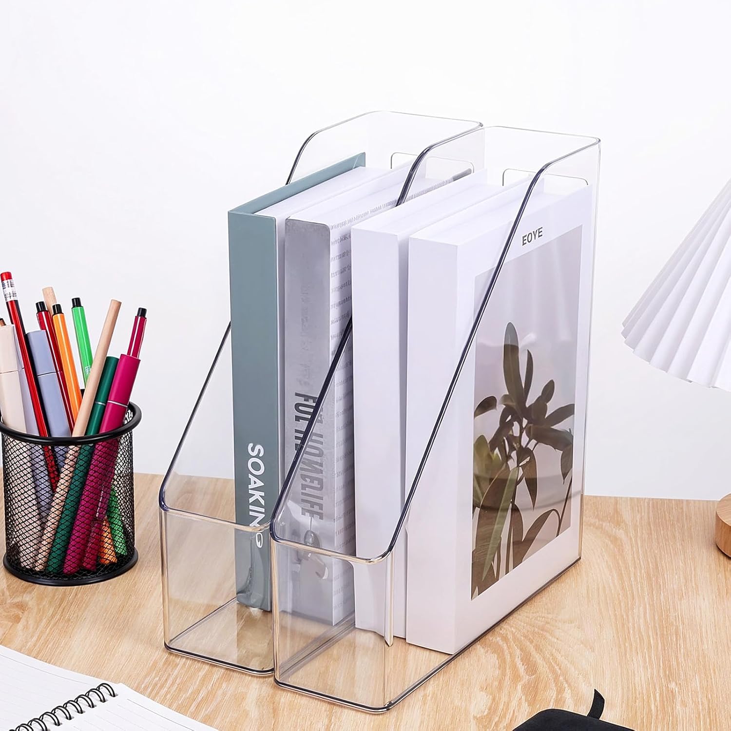 2 Pack Clear Magazine File Holder, PET Magazine Shelf Desk Book Organizer Vertical Binder Storage Case for Home School Office Table Organization Supplies