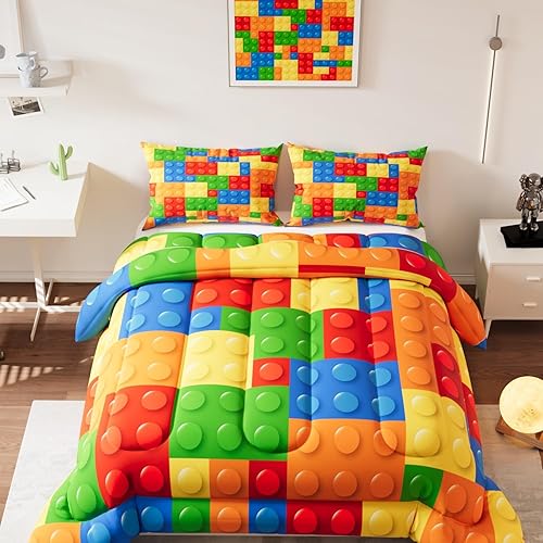 Namoxpa - Juego de edredón con temática de bloques de construcción, patrón 3D colorido para niños, adolescentes y adultos, juegos de edredón