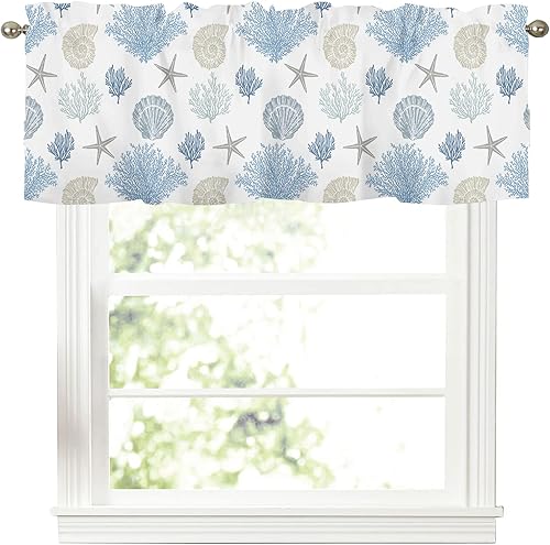 Cenefas de Cortinas de Cocina de Verano Costeras de Coral con Estrellas de Mar para Ventanas, Cenefa de Ventana Náutica de Playa Azul Gris, Cortina