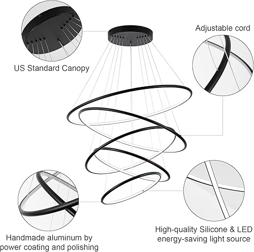 Miniatura 2 de MADEM Moderno candelabro LED de 5 anillas, lámpara colgante de techo contemporáneo para escaleras, vestíbulos de escaleras, sala de estar de techo