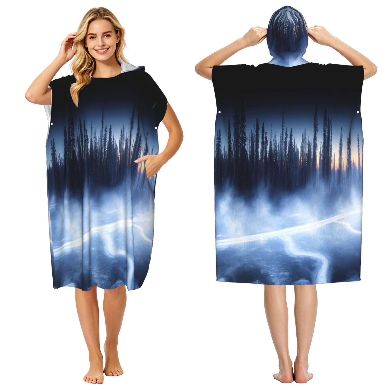 DTHKJNLSF Misty Forest Adult Hooded Beach Poncho Towel