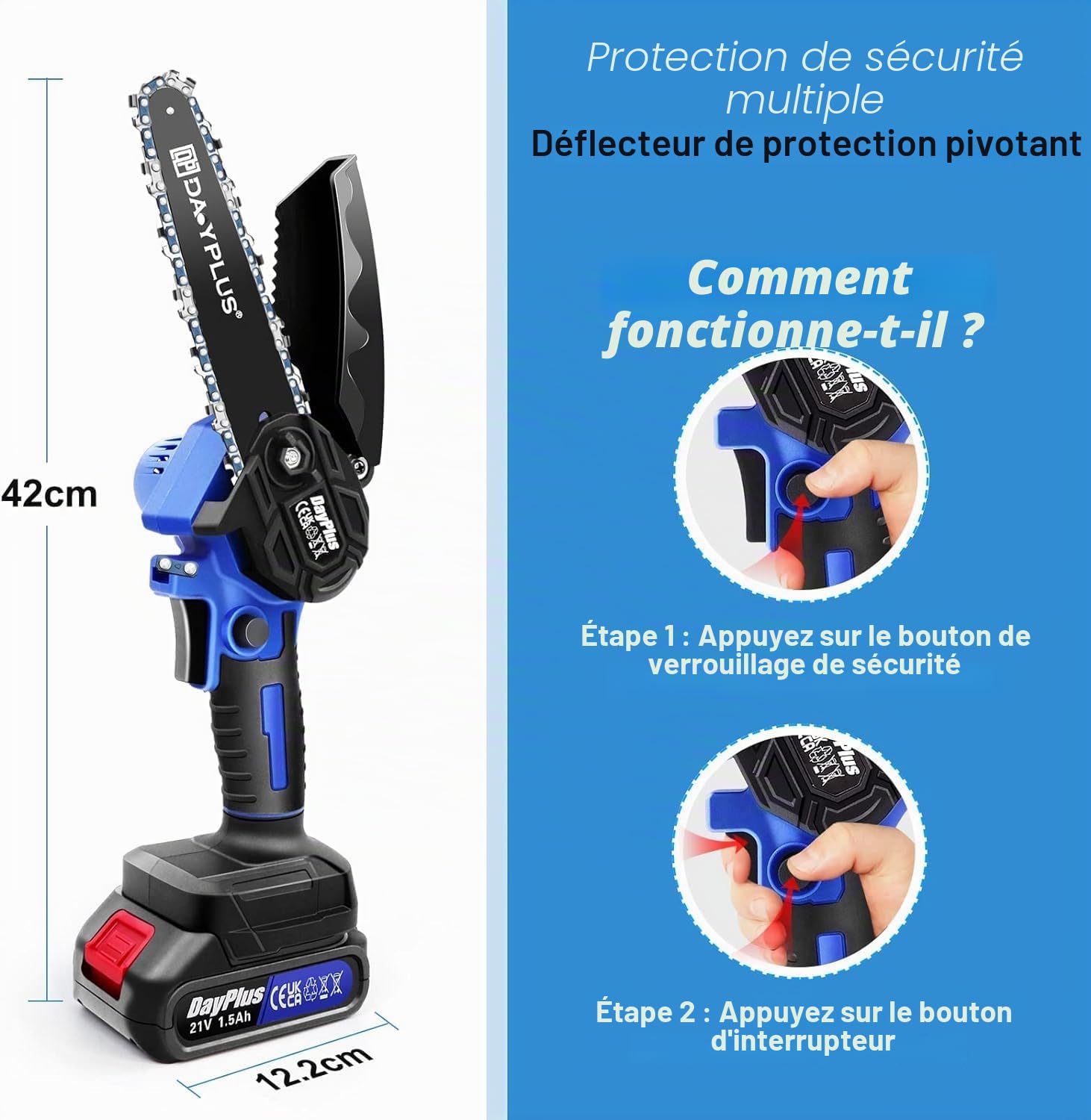 Tronçonneuse électrique super puissante et scie à bois à batterie avec aiguiseur - Outil de jardin avec une batterie Li-Ion et 2 chaînes, 2200W, longueur de la plaque de guidage de 15,2 cm