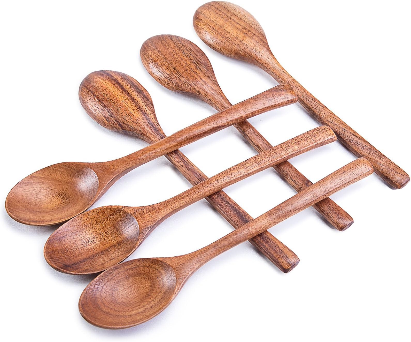 HAKSEN Wooden Spoons for Eating, 8.2 Inch Wood Mixing Soup Spoon with Long Handle for Korean Food Daily Meal Stirring Sauce Coffee, 6PCS