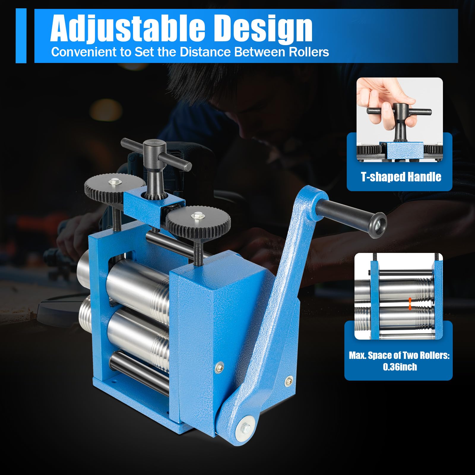3-in-1 Laminatoio per Gioielliere Larghezza 75 mm, Rullatrice Manuale per Metalli Oro Argento Rame, Macchina per Pressare Lastre e Fili Quadri Semirotondi, Spessore Regolabile 0-9 mm