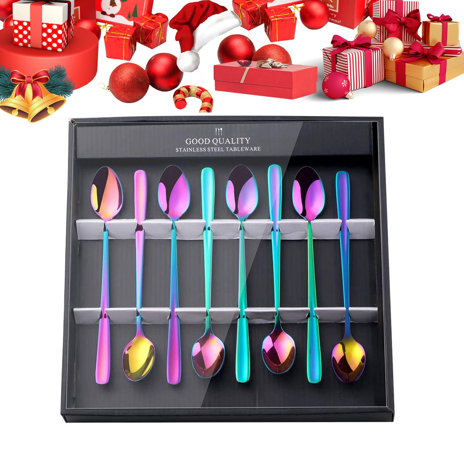 Cucchiai Rainbow Latte Manico lungo, Buyer Star Premium 304 Cucchiai da gelato in acciaio inox per cocktail agitazione, tè, caffè, frappè, bevande fredde