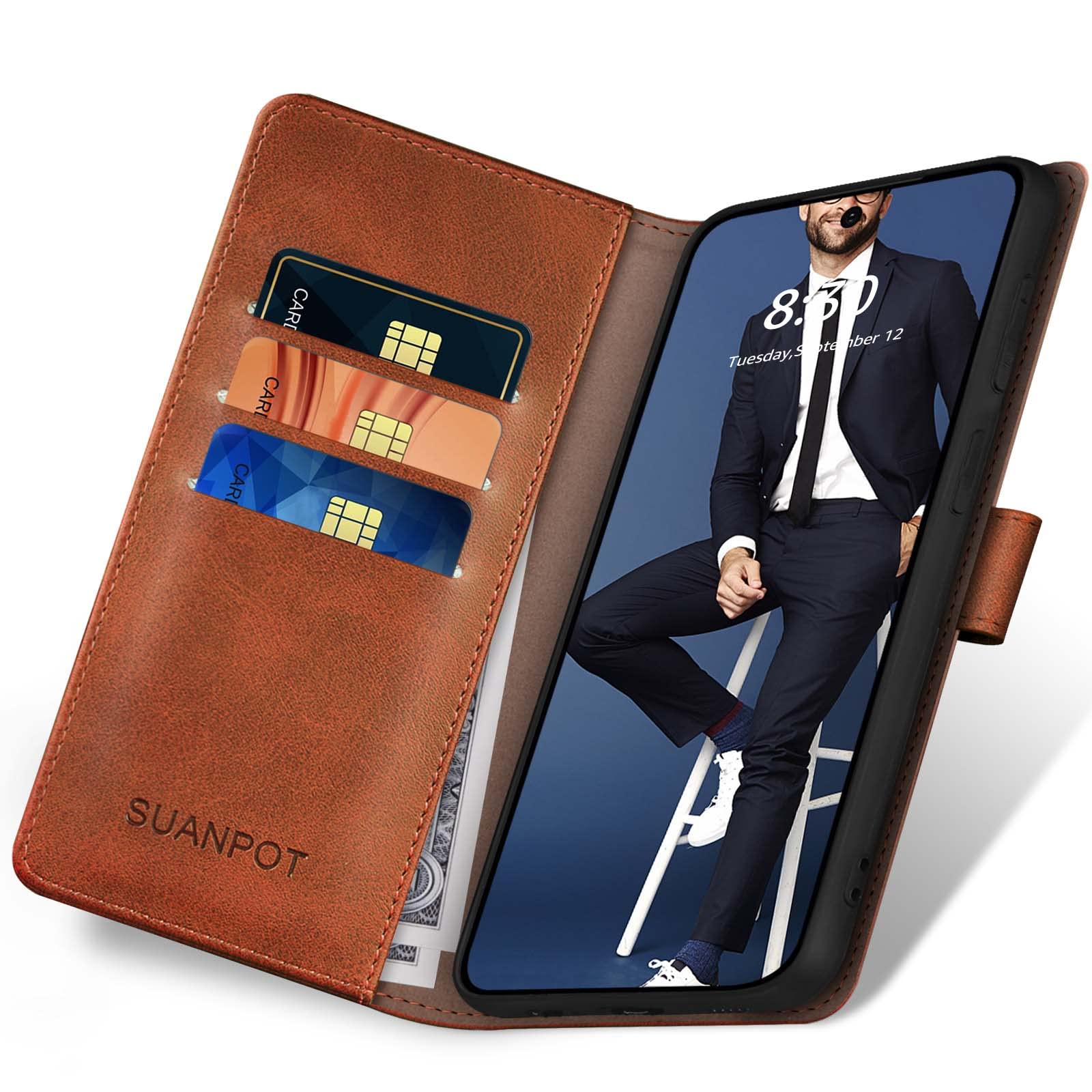 SUANPOT ?RFID Blocking Wallet Phone Case for Samsung Galaxy S22 Ultra Credit Card Holder,Flip Folio Book Phone case Shockproof Cover Women Men for Samsung S22 Ultra case Light Brown
