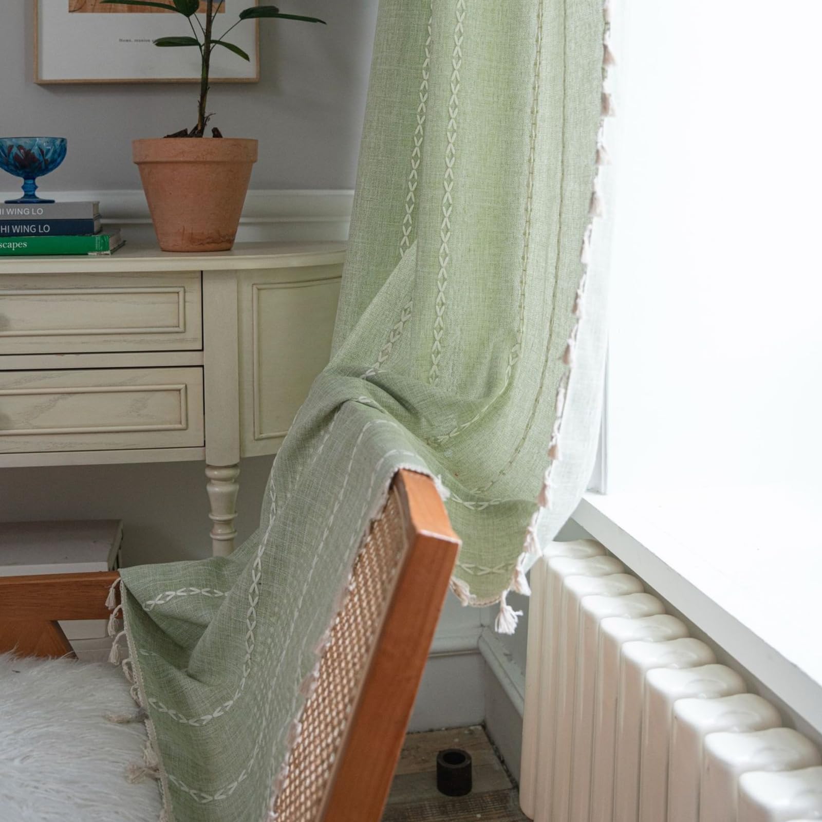 USTIDE Boho Curtains for Bedroom Living Room 84 Inches Long Soft Cotton Linen Embroidery Window Curtain Panel Farmhouse Semi Blackout Curtains with Tassel 1 Panel 52" W x 84" L - Image 3