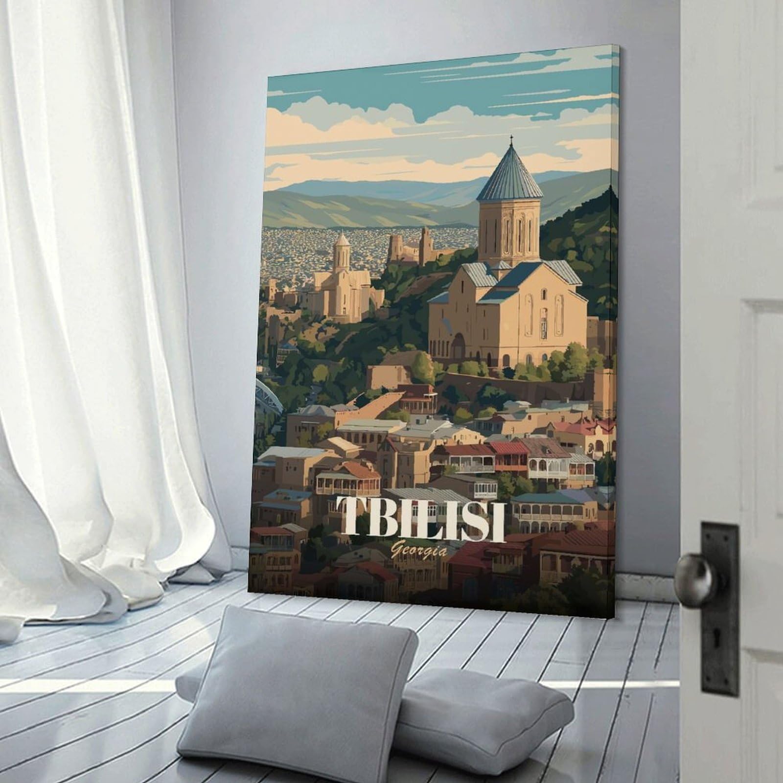 Junmoney Frame-Style-8 Tbilisi Georgia Cityscape Illustration Canvas Wall Decor, 24X36inch(60X90cm), For Apartment Walls, Studios Or Work Areas, Decorative Canvas Decor For Home Updates