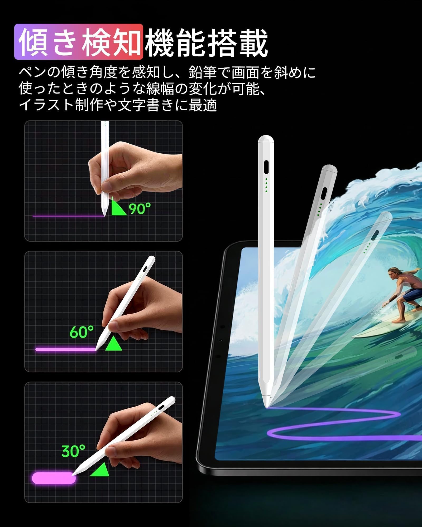 MuGaoDee タッチペン iPad用 ペンシル 2018年～2025年iPad対応 アップルペンシル代用ペン【傾き感知・磁気吸着・パームリジェクション】20分急速充電 2018年～2026年 超高精度 1.5mm極細 高感度 スタイラスペン ペンシル タッチペン 2018年以降iPad/Pro/Air/mini対応 交換ペン先3個入り (ホワイト)