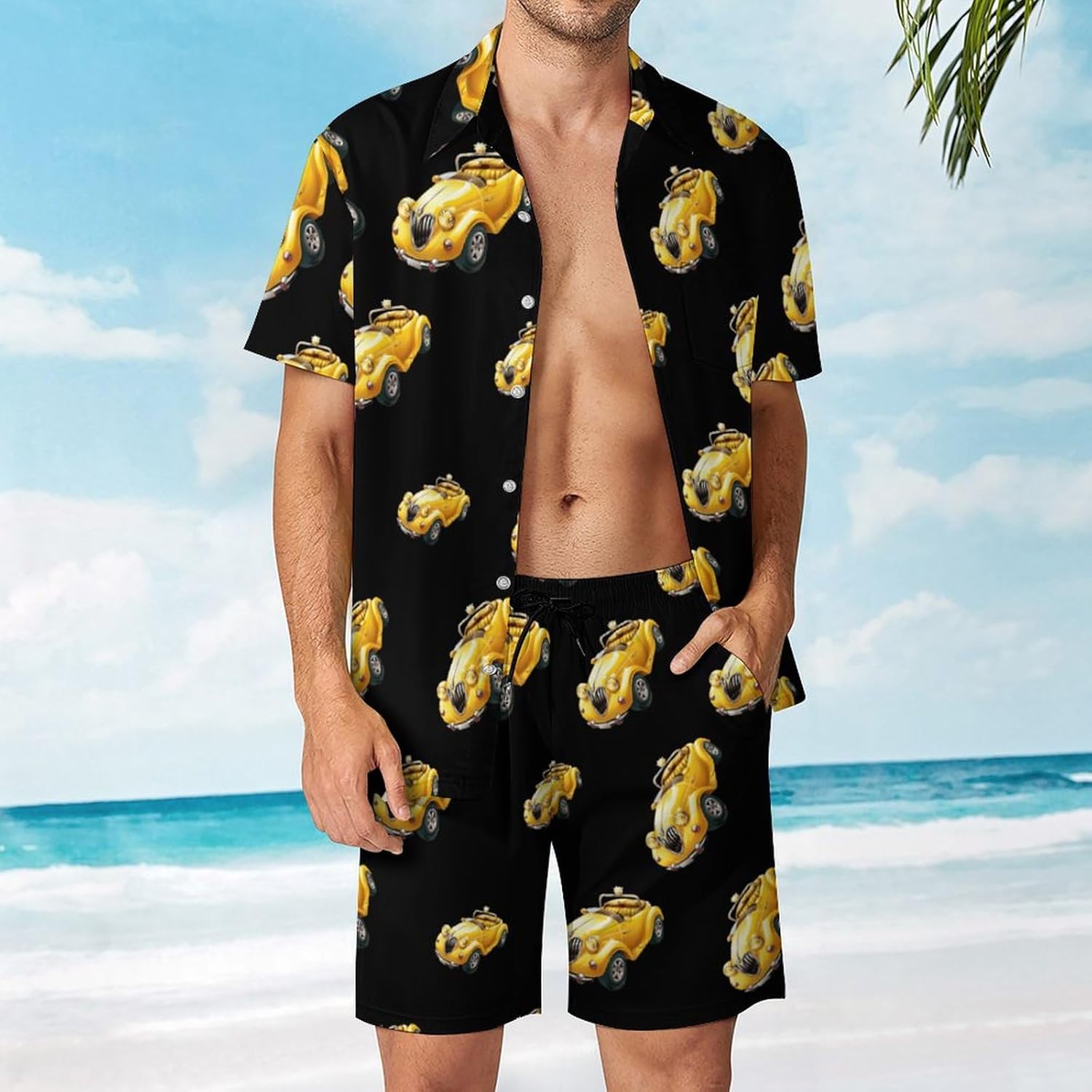 Yellow Cute Car Diamond Men's Summer Beach Outfits Shirt And Shorts Set 2 Piece Vacation Swimwear
