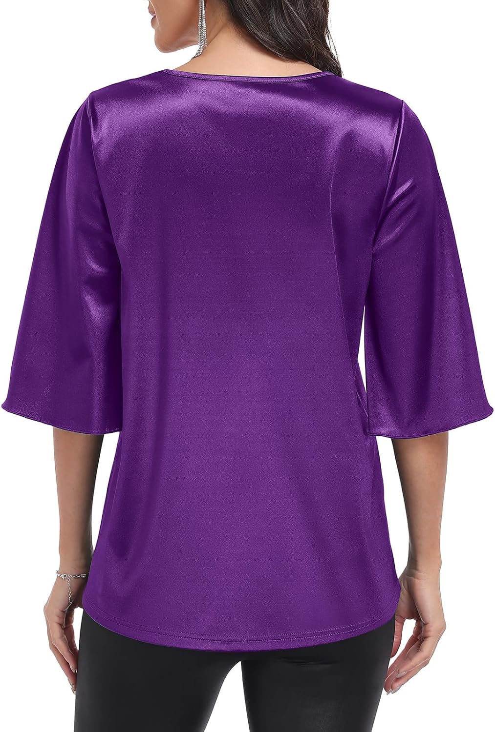 Women’s Stretch Satin Blouse Elegant V Neck 3/4 Sleeve Dressy Tops Flowy A-Line Silky Shirt for Wedding Guest Work - Image 5