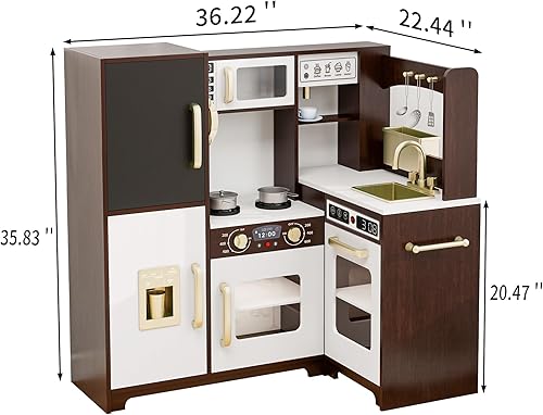 Miniatura 2 de Juego de cocina para niños con luces y sonidos, cocina de esquina de madera con fregadero, horno, máquina de hielo y accesorios de juego de