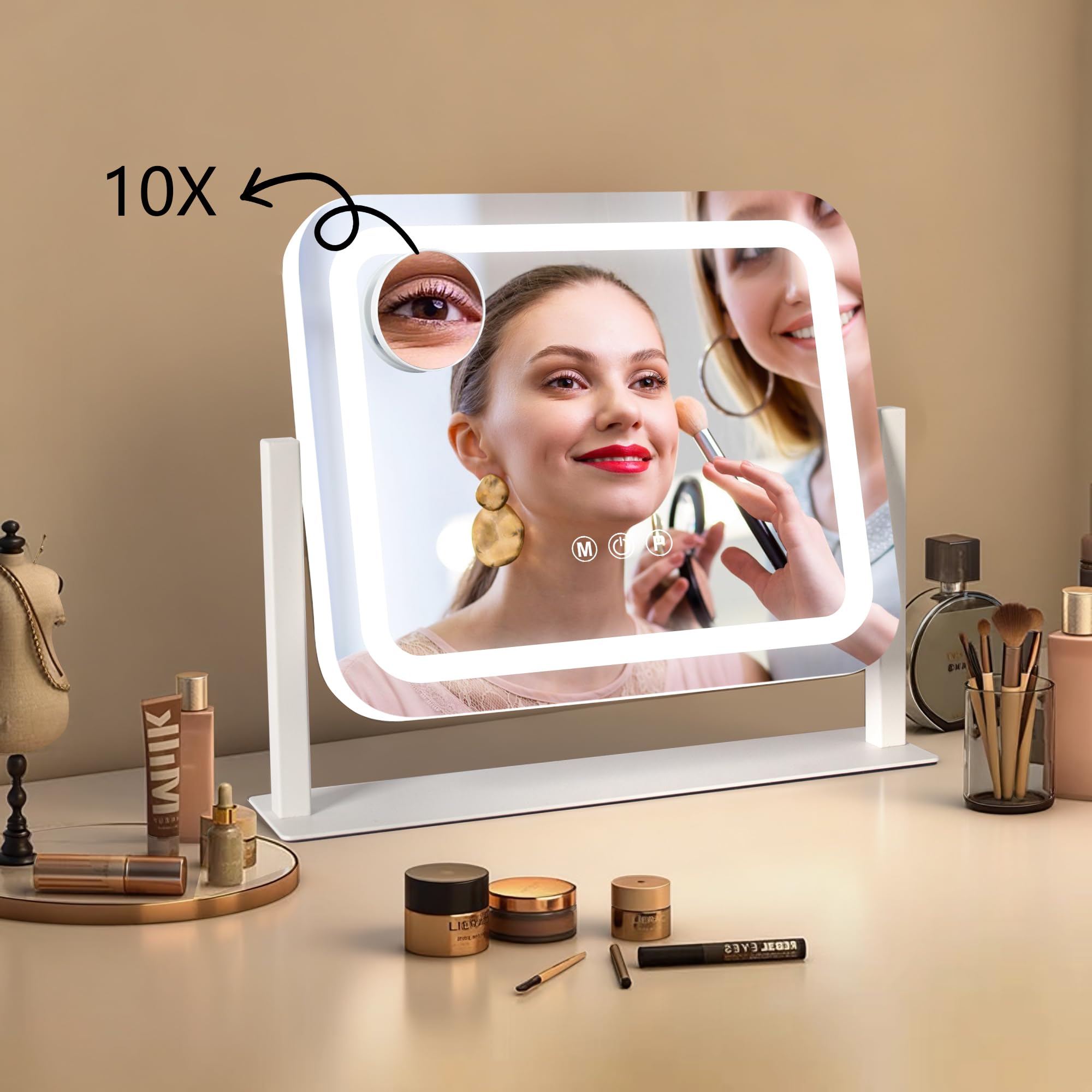 Ratsamee Specchio Trucco con Luci, 35X30cm Specchio da Tavolo LED, Specchio Ingranditore 10X Staccabile, 3 Temperature di Colore, Rotazione 360°, Controllo Tattile, Telaio in Metallo, Bianco