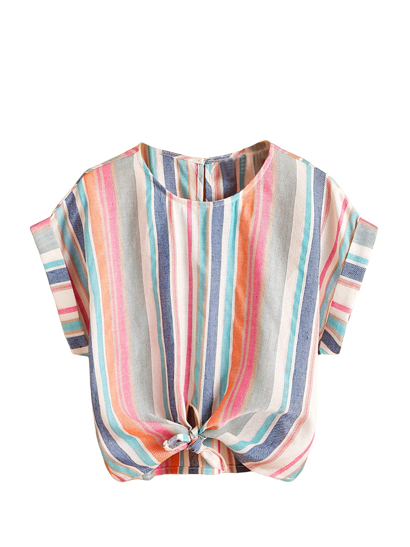 WDIRARA Girl's Striped Round Neck Short Sleeve Knot Hem Blouse Summer Casual Tops