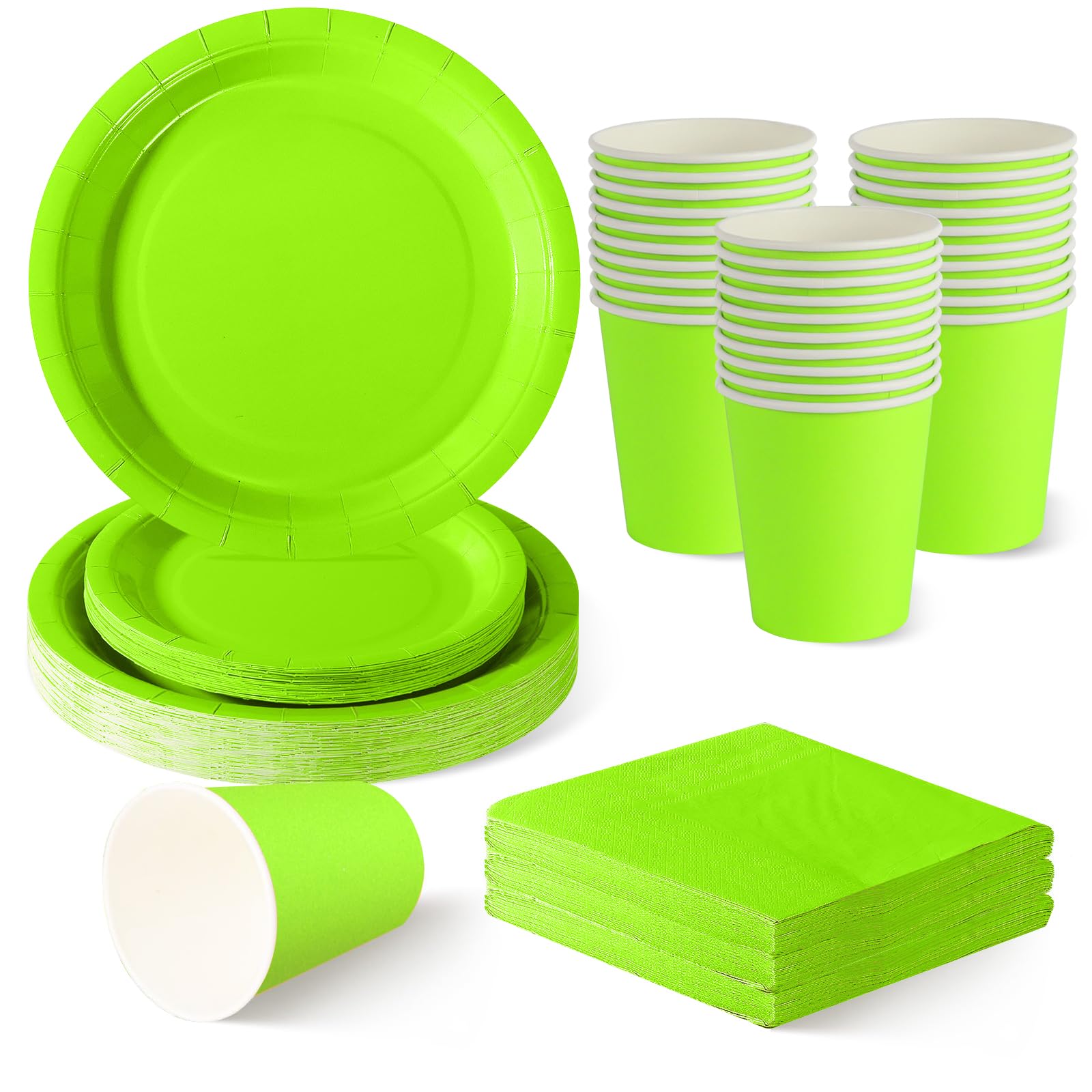 ZblPyro Neon Green Party Tableware Set for 30 Guests | A Set of 120 pcs Includes 9" & 7" Round Paper Plates, Cups & Napkins | Perfect for BBQ, Garden Party, Hen Do & Summer Party