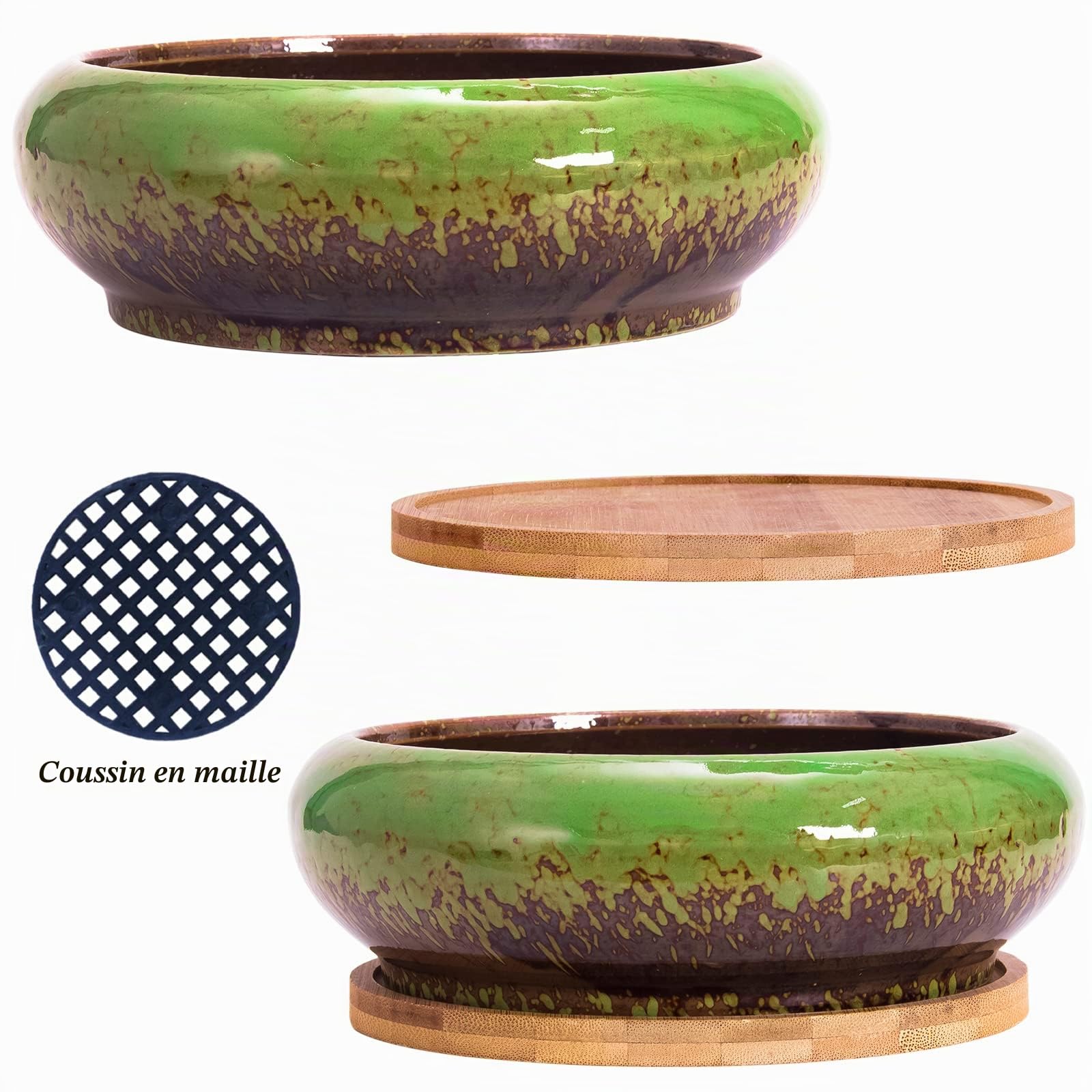 ARTKETTY Lot de 2 Grands Pots de Plantes succulentes avec Drainage, Pots de bonsaï Peu Profonds avec Plateaux, récipient en céramique pour Plantes de Cactus d'intérieur et d'extérieur
