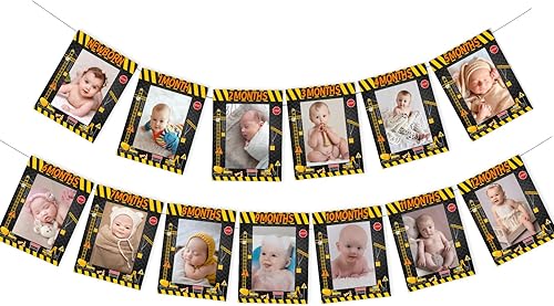 Miniatura 6 de Sursurprise Suministros de fiesta de primer cumpleaños de construcción, pancarta de fotos de construcción de recién nacido a 12 meses, decoración de