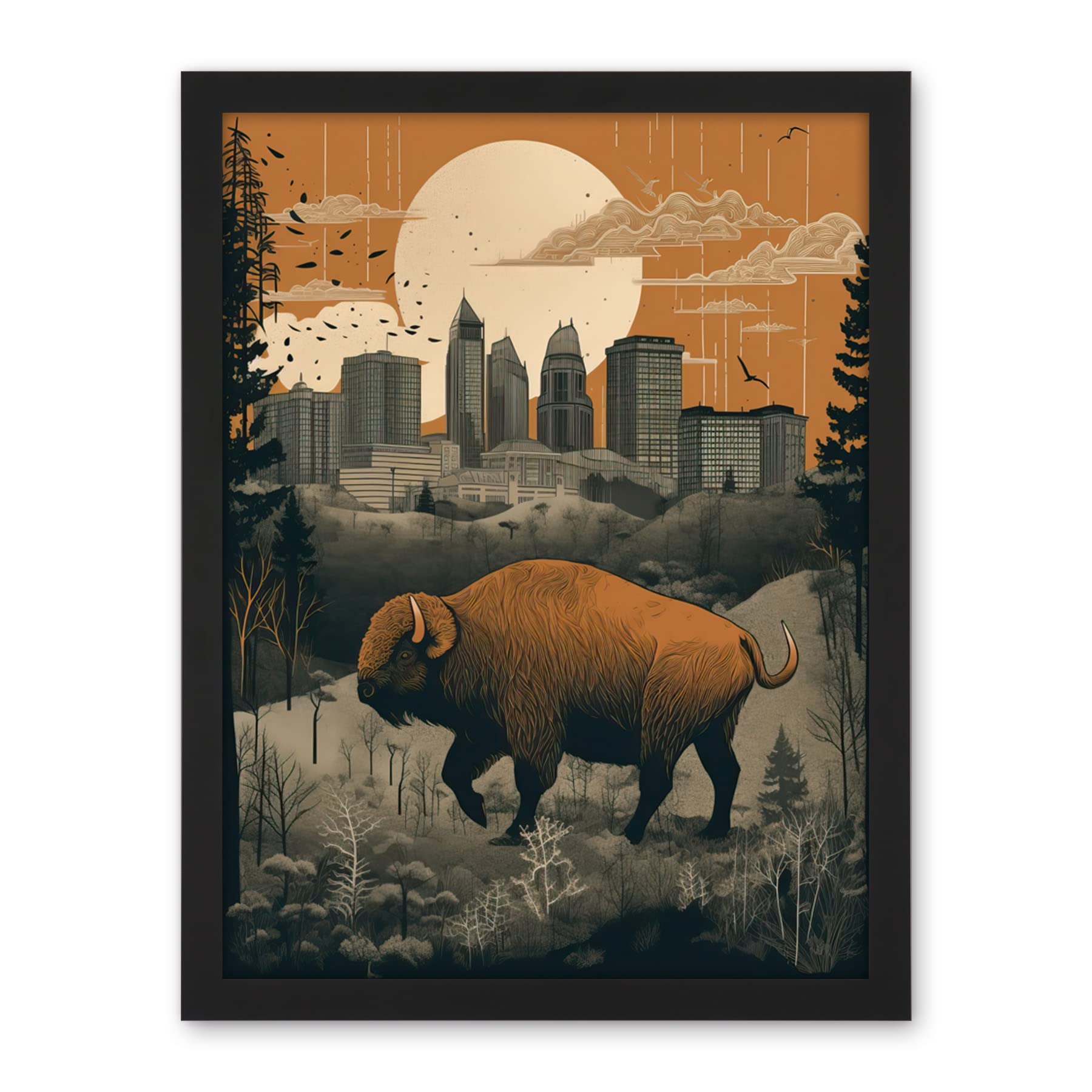 Artery8 Bison in Forest by Urban Cityscape Modern Landscape Artwork Framed Wall Art Print 18X24 Inch