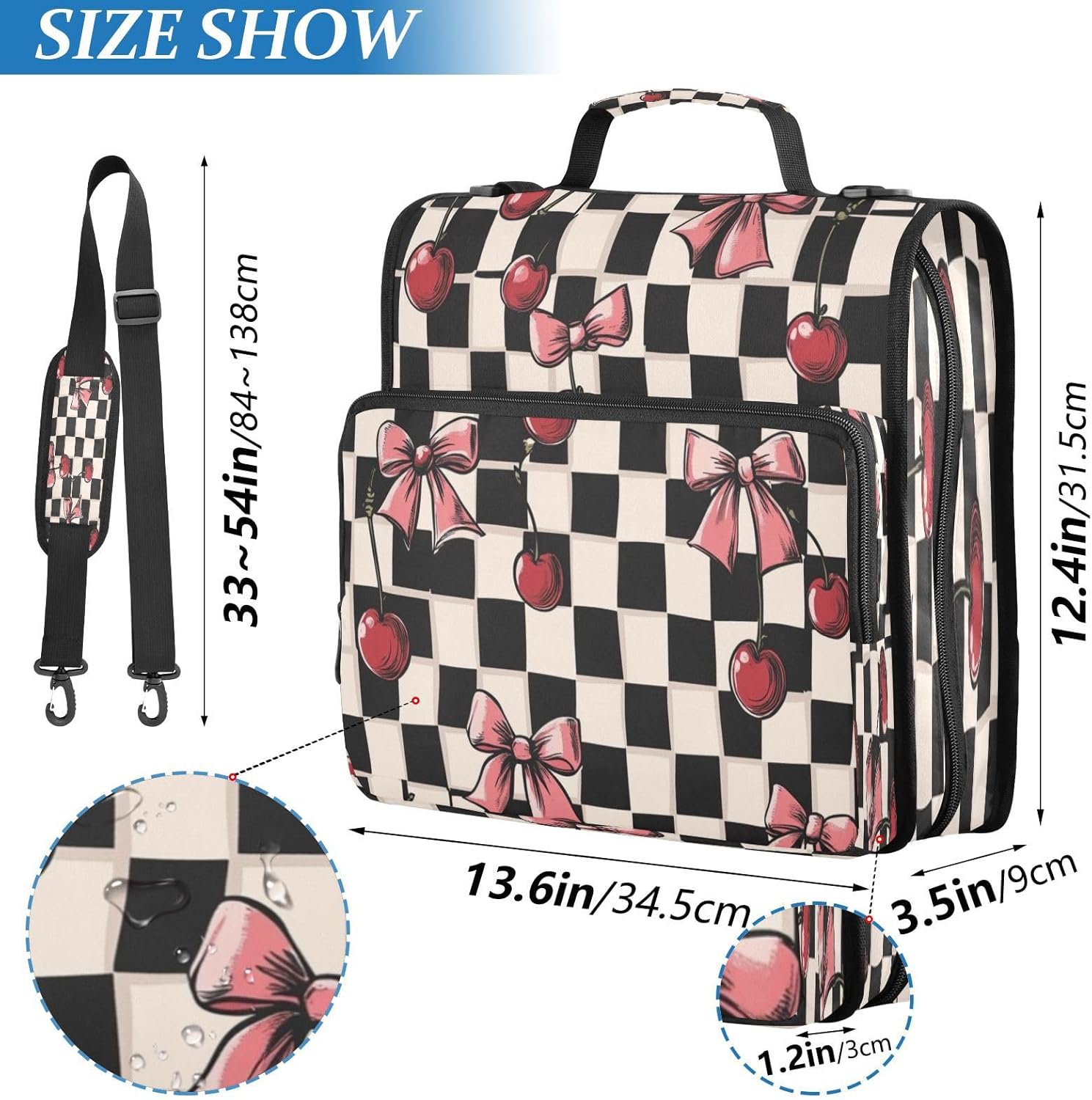 Blueangle Cherry Bow Plaid Zipper Binder, 1.5-Inch 3-Ring Binder Bag Holds 500 Pages, Multi-Pocket Zipper Organizer with Adjustable Strap & Handle