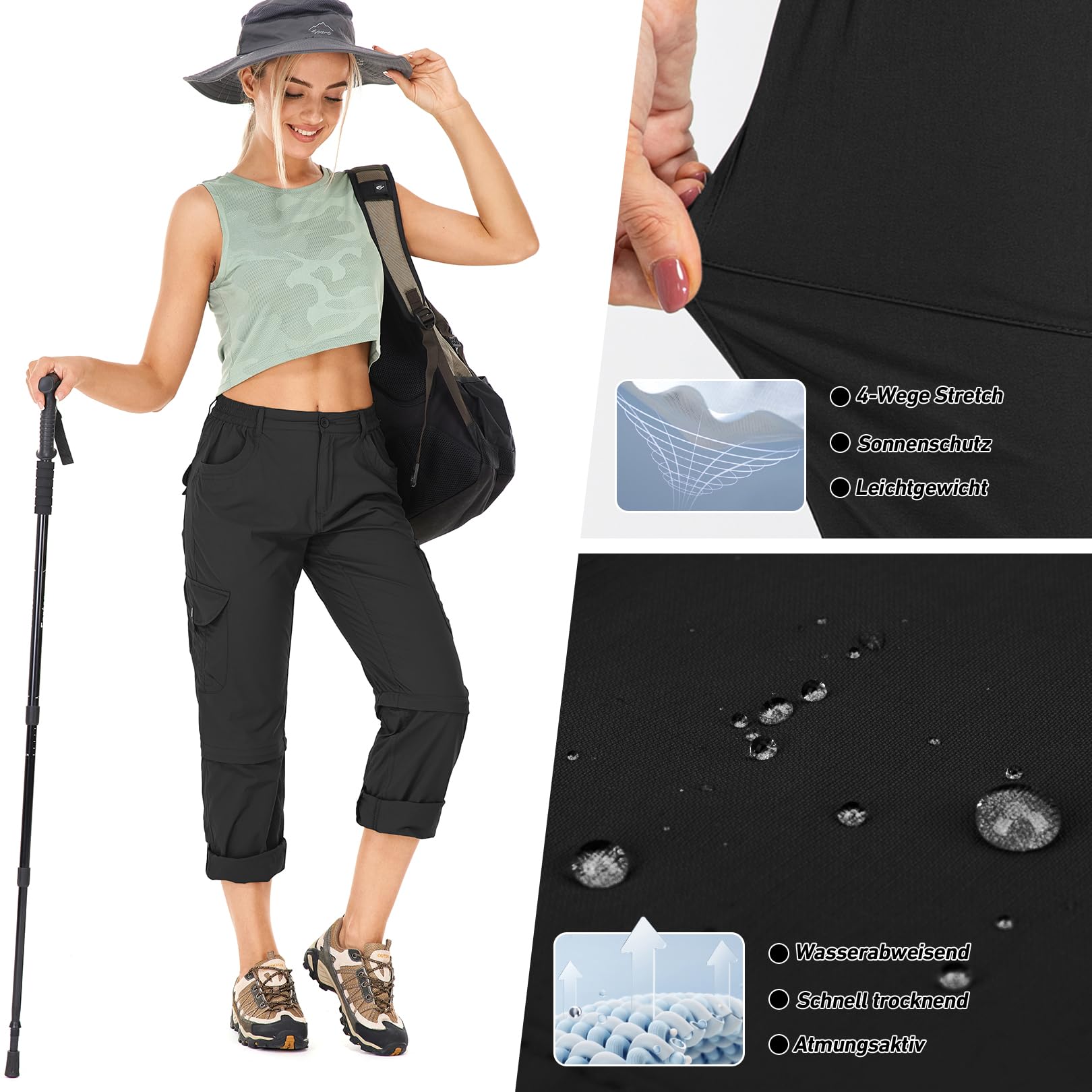 Pantalon de randonnée zippé pour femme - Respirant - Extensible rapidement - Pantalon fonctionnel amovible - Pantalon d'extérieur - Pantalon de randonnée d'été
