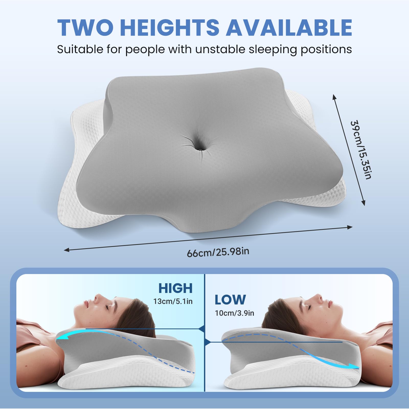 A-Pce Cuscino Cervicale per Dormire Memory Foam Ergonomico, Grigio | Memory Foam, Fodera Rimovibile in Seta Ghiaccio, Effetto Rinfrescante, Traspirante, 2 Altezze, Per Dolori a Collo e Spalle
