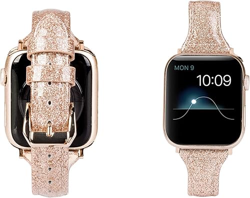 Miniatura 5 de Wearlizer - Correa de repuesto de piel fina con purpurina compatible con correas de Apple Watch de 1.496in, 1.575in, 1.654in, 1.732in, para mujer,