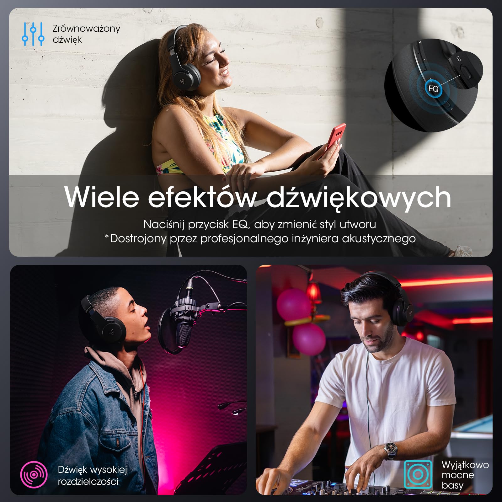 DOQAUS Bezprzewodowy zestaw słuchawkowy Bluetooth 90H z mikrofonem /3EQ,Słuchawki audio Bluetooth, bezprzewodowe składane słuchawki do komputerów/telefonów komórkowych