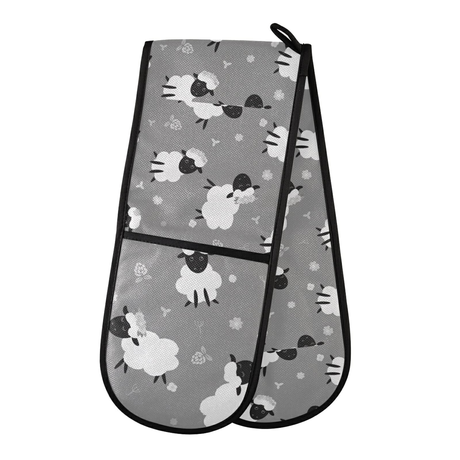 Poeticcity Multi 10 Black White Sheep Lambs Wild Flowers On A Dark Gray Background Double Oven Mitt Gloves Extra Long Potholder High Heat Resistant For Baking Cooking Baking Grilling Handling Hots Pans 35"X7"
