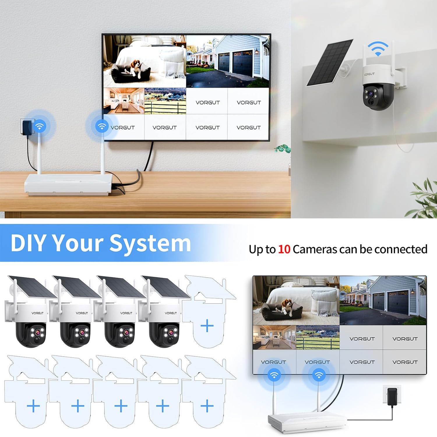 Solar Powered Security Camera System Outdoor with 10" Monitor, 6pcs 2K Wireless Cameras for Home Security, 360° Pan Tilt, True Color Night Vision, 2.4G/5G WiFi, 10CH NVR, 500GB HDD