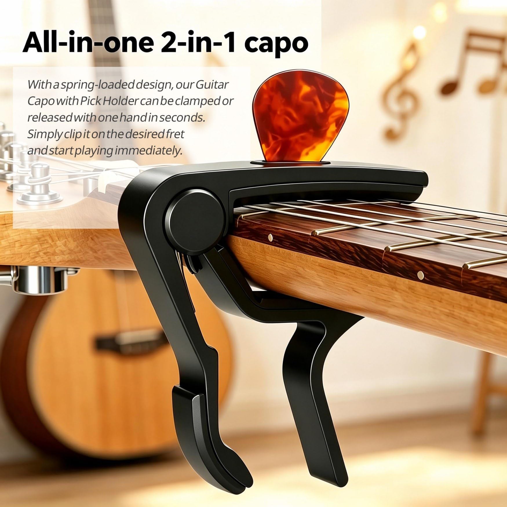 Cejilla de guitarra con soporte para púas, para guitarra eléctrica y acústica, ukelele