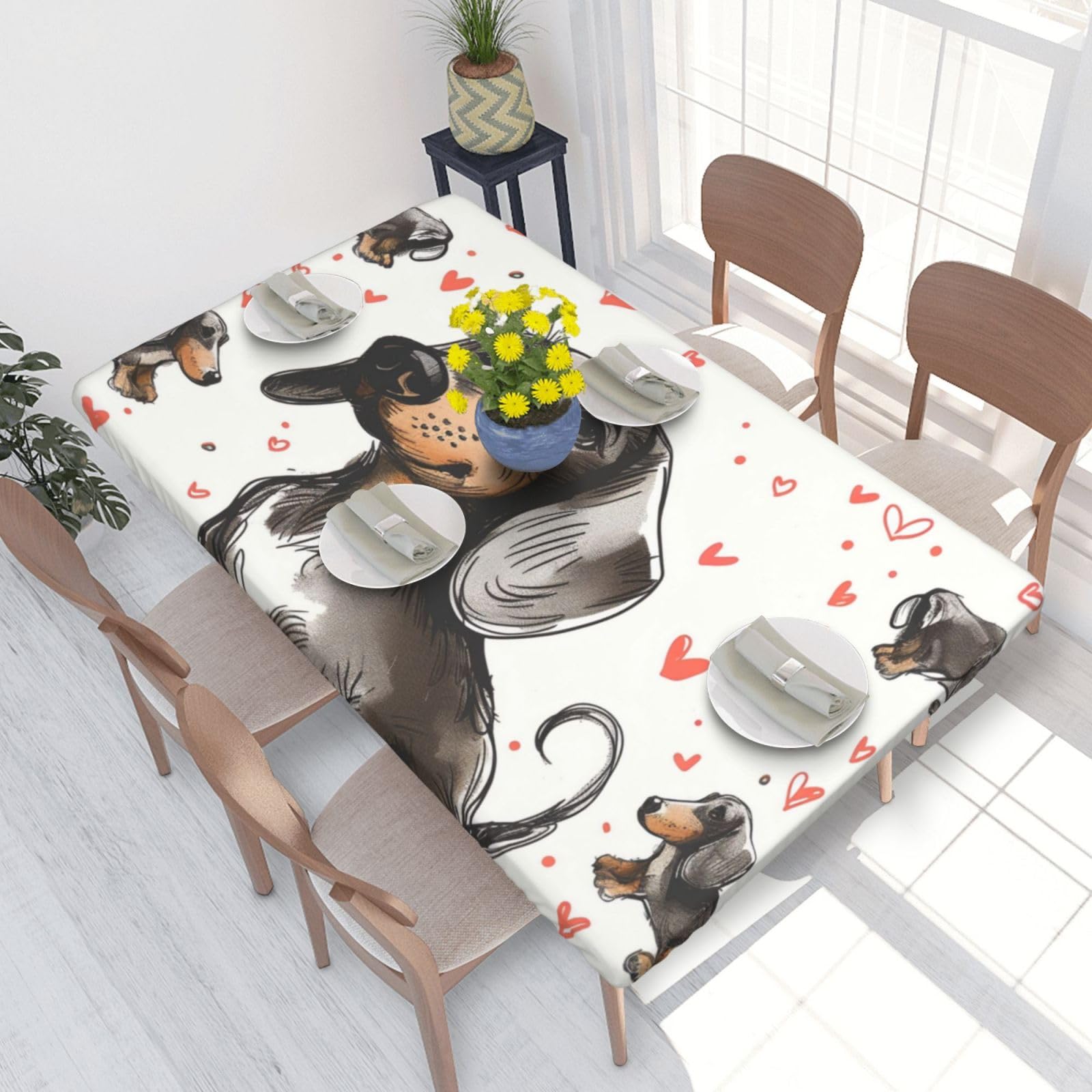 WPKJU I Love My Dog Dachshunds Printed Tablecloths 4ft Rectangular Table Covers Washable Polyester Decorative Table Cloth for Dining Table Picnic Wedding