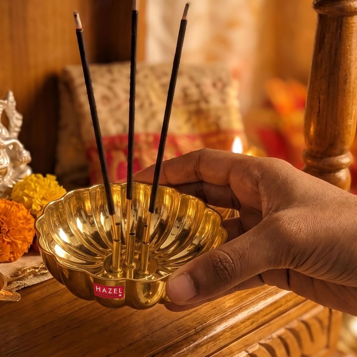 HAZEL Brass Agarbatti Stand | Flower Shaped Incense Holder with 5 Stick Slots | Pooja Thali Diya Plate for Home Temple-image-5