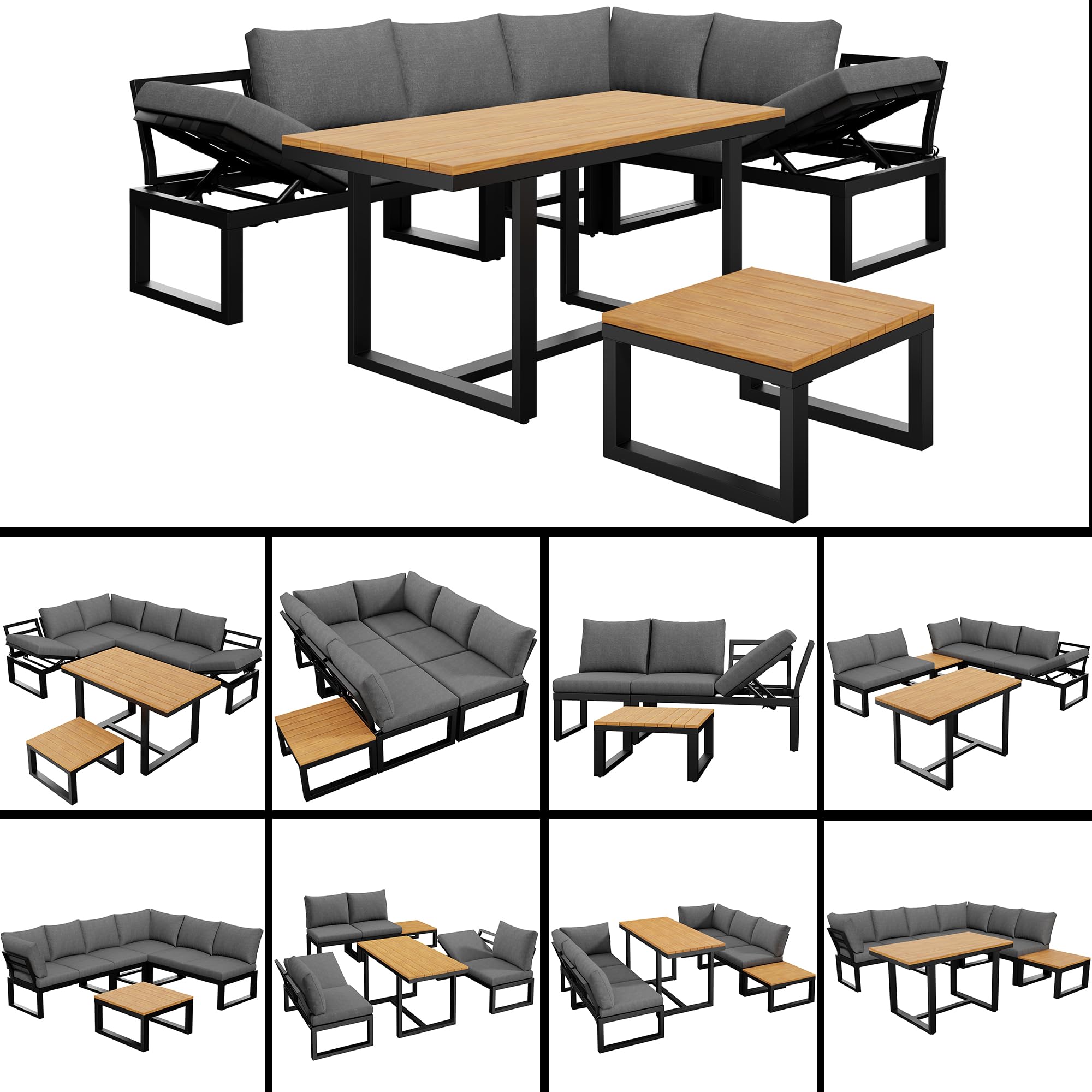 Sapgaks Ensemble de Salon de Jardin extérieur pour 6 Personnes avec Dossier réglable,canapé d'angle avec Table et Table Basse,Structure en Acier résistant aux intempéries (Gris-11)