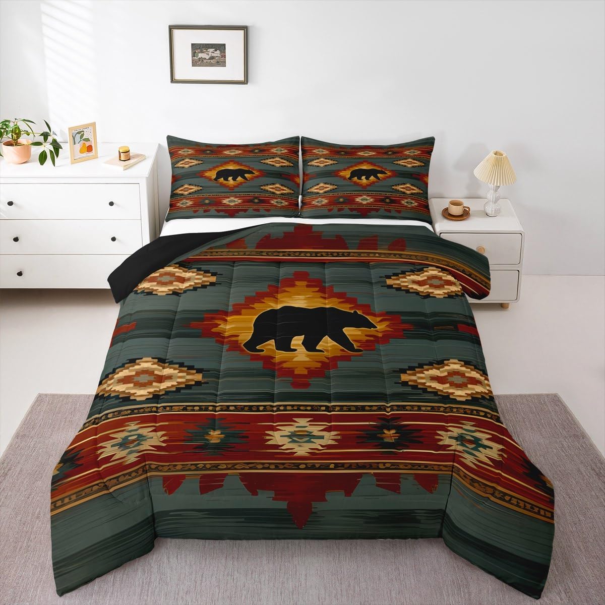 Feelyou Bear Comforter Set Queen Size Wildlife Hunting Bedding Set for Kids Boys Girls Southwestern Duvet Quilt Tribal Exotic Bedroom Decor Microfiber 3 Pcs with 2 Pillow Cases