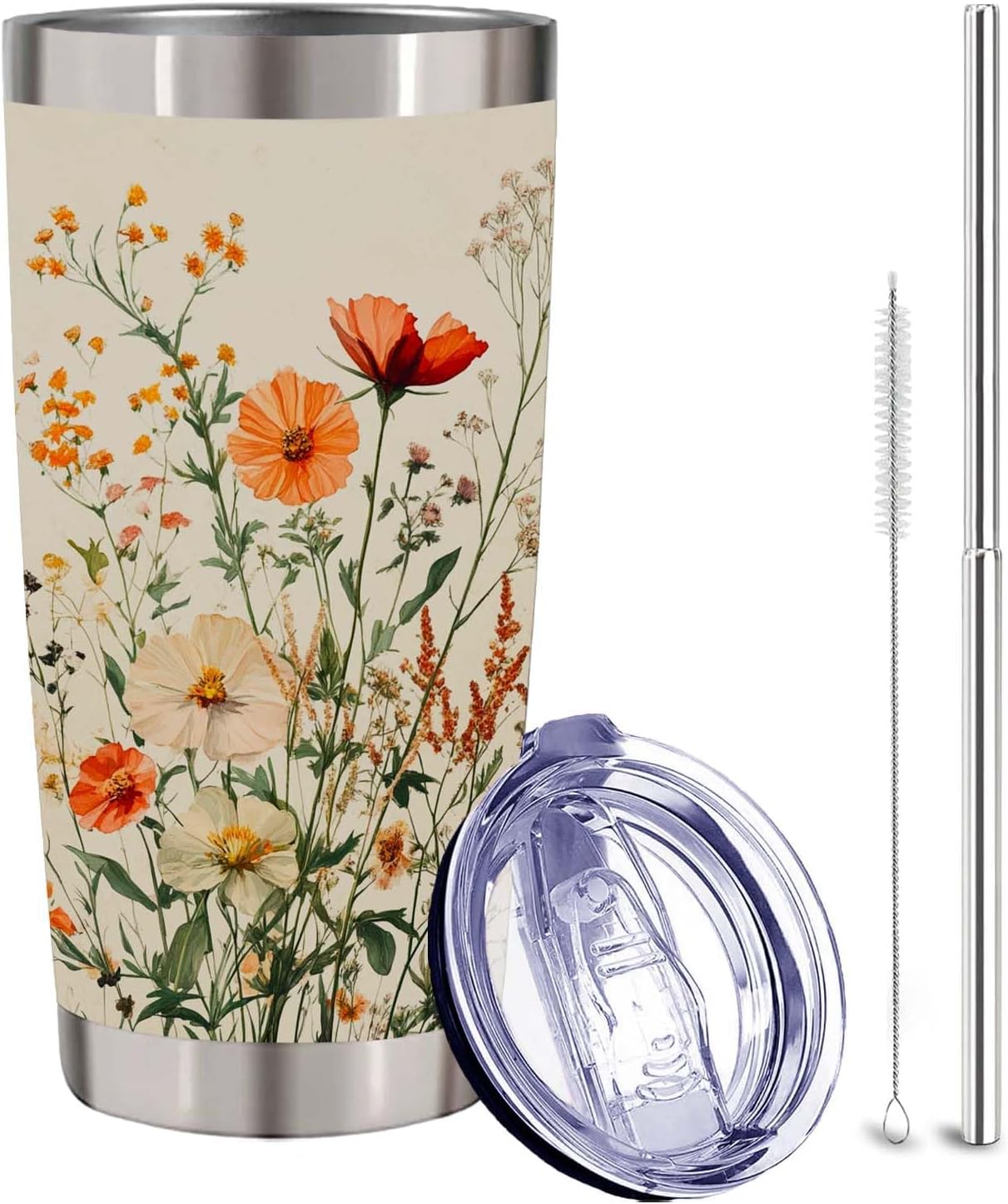 Orange Wildflower Tumbler 20 oz, Insulated Stainless Steel Cup with Lid and Straw, Cream Botanical Meadow Travel Coffee Mug, Gifts for Women Mom, Flower Lovers